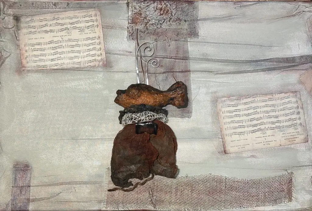 photo of fishing for the tune | sculpture installed on canvas