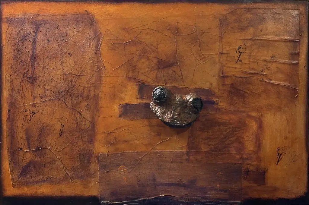 photo of frogman with a key clue | sculpture installed on canvas